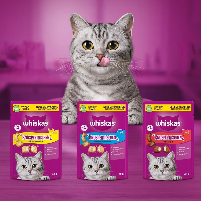 Whiskas Crunchy Pockets Mixed Pack 3 Varieties: Chicken & Cheese, Beef, Salmon (18 x 60g)