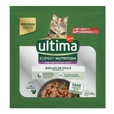 Ultima Cat Expert Nutrition Hairball Beef & Salmon 4 x 70g