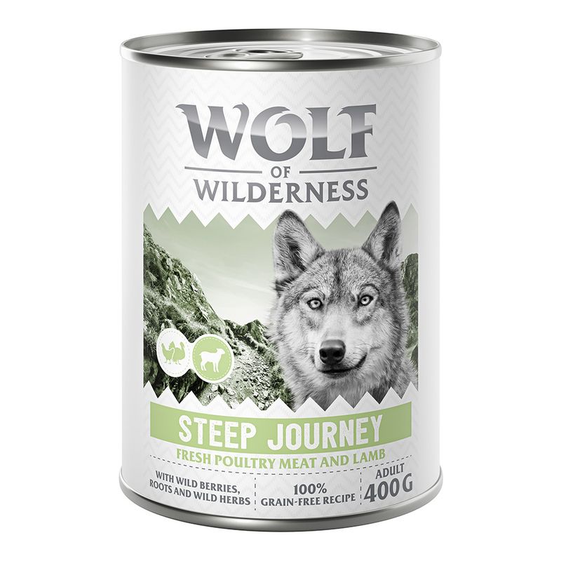 Wolf of Wilderness Adult 6 x 400g - With lots of fresh poultry Mixed Pack: 2x Stony Creek, 2x Sandy Path, 2x Steep Journey