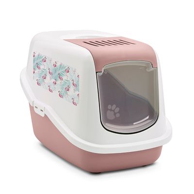 Savic Nestor Cat Litter Tray with Flamingo Design Pink & White with Flamingo Print