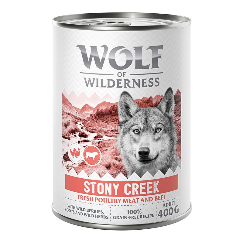 Wolf of Wilderness Adult 6 x 400g - With lots of fresh poultry Mixed Pack: 2x Stony Creek, 2x Sandy Path, 2x Steep Journey