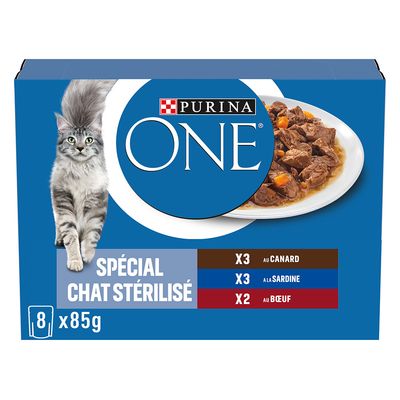 Mixed package PURINA ONE Sterilized cat 8 x 85 g Duck, beef, sardine