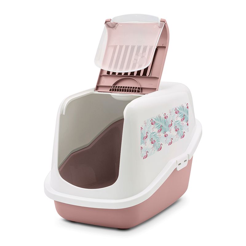 Savic Nestor Cat Litter Tray with Flamingo Design Pink & White with Flamingo Print