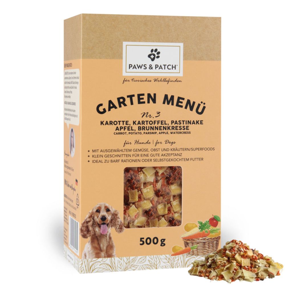 PAWS & PATCH Garden Menu for Dogs No. 1: Rice, Carrots, Courgette, Apple, Pollen, Parsley (500g)