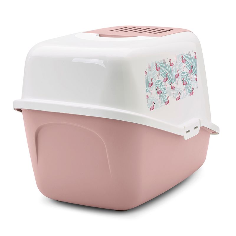Savic Nestor Cat Litter Tray with Flamingo Design Pink & White with Flamingo Print