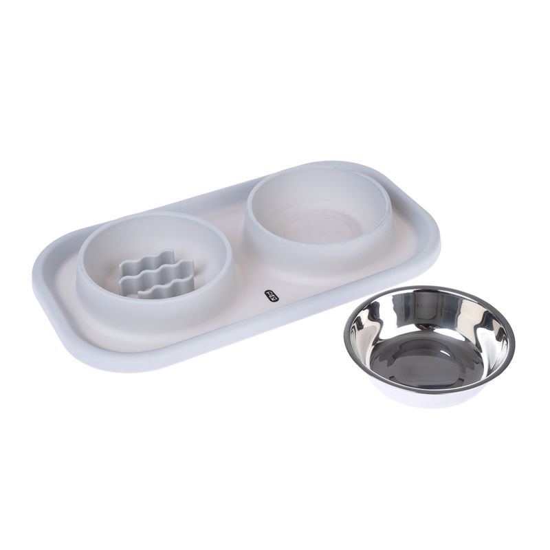 TIAKI Stainless Steel Double Bowl & Slow Feeder with Mat 2 x 300ml