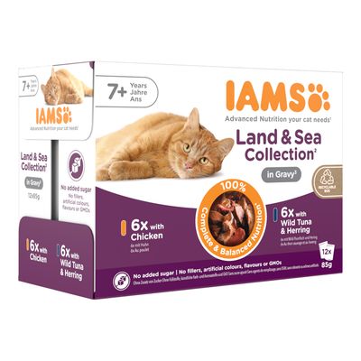IAMS Delights Senior Land & Sea Collection in Gravy Mixed Pack 1 (12 x 85g, 2 Varieties)