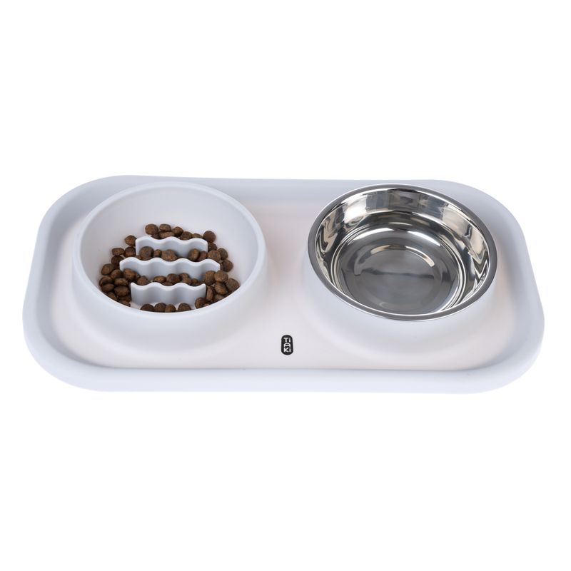 TIAKI Stainless Steel Double Bowl & Slow Feeder with Mat 2 x 300ml