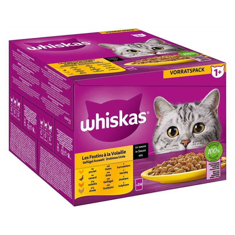 Whiskas 1+ Adult Pouches Saver Pack 48 x 85g Poultry Feasts in Jelly