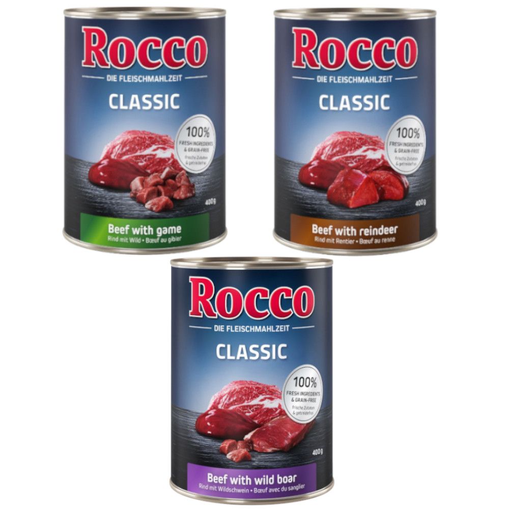 Rocco Classic Mixed Trial Pack 6 x 400g Topseller Mix: Pure Beef, Beef/Poultry Hearts, Beef/Chicken