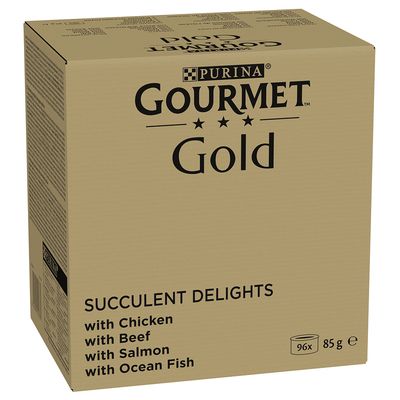 Gourmet Gold Succulent Delights Jumbo Pack 96 x 85g Chicken, Ocean Fish, Beef, Salmon