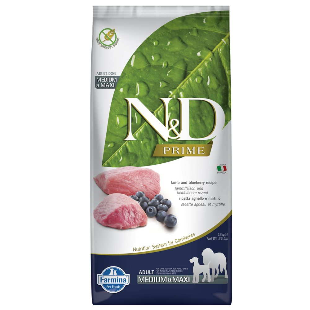 Farmina N&D Prime Grain Free Adult Medium & Maxi with Lamb & Blueberry Economy Pack: 2 x 12kg