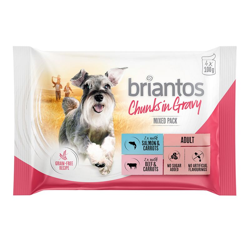 Briantos Fresh Pouch Trial Mix 4 x 100 g Chunks in Gravy (Salmon & Beef)