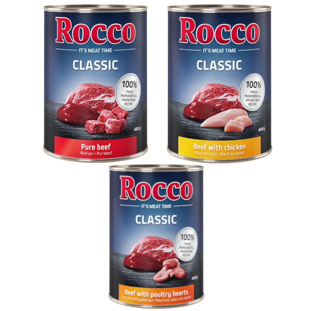 Rocco Classic 6 x 400g Topseller Mix: Pure Beef, Beef/Poultry Hearts, Beef/Chicken