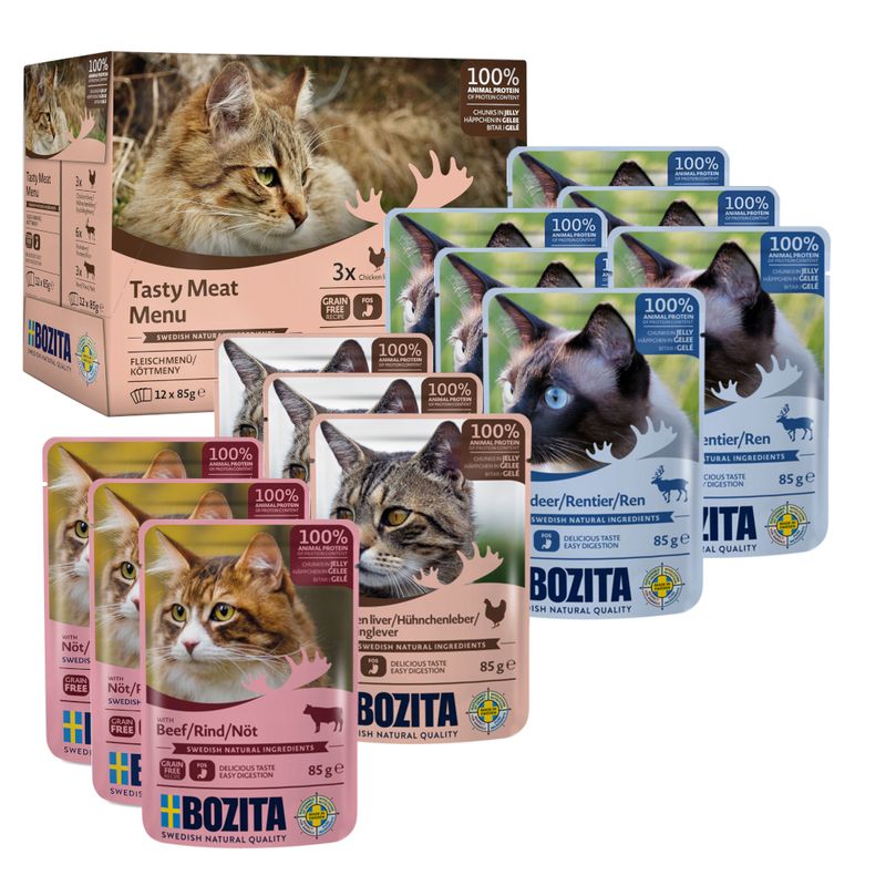 Bozita Chunks in Jelly Pouches Mixed Packs 12 x 85g Mixed Pack: Meat Menu (3 Varieties)