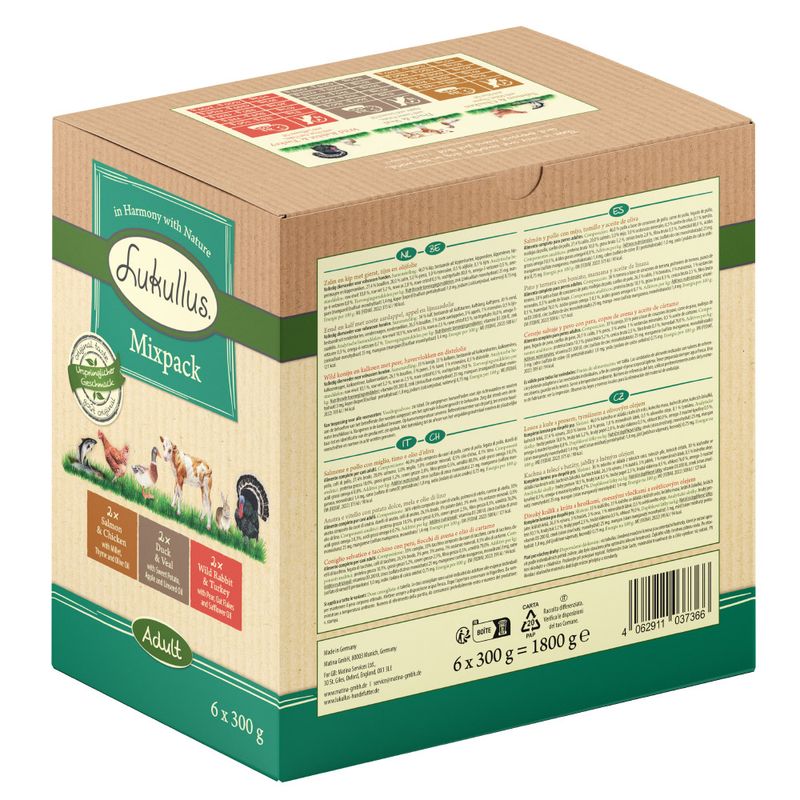Lukullus Natural Grain-free Pouches Mixed Pack 6 x 300g Mixed Pack: Wild Rabbit & Turkey / Duck & Veal / Salmon & Chicken
