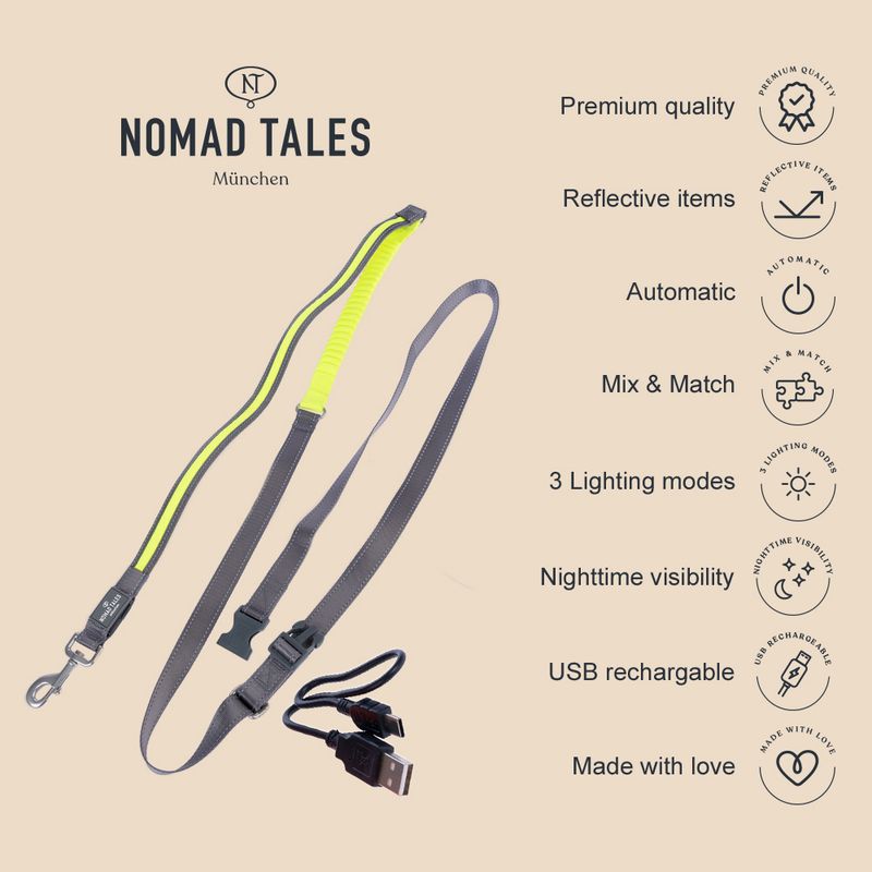 Nomad Tales Spirit USB LED Jogging Lead - Neon Yellow & Grey 180 - 250 cm Length, 25mm Width