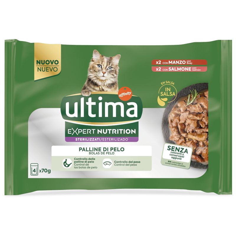 Ultima Cat Expert Nutrition Hairball Beef & Salmon 4 x 70g