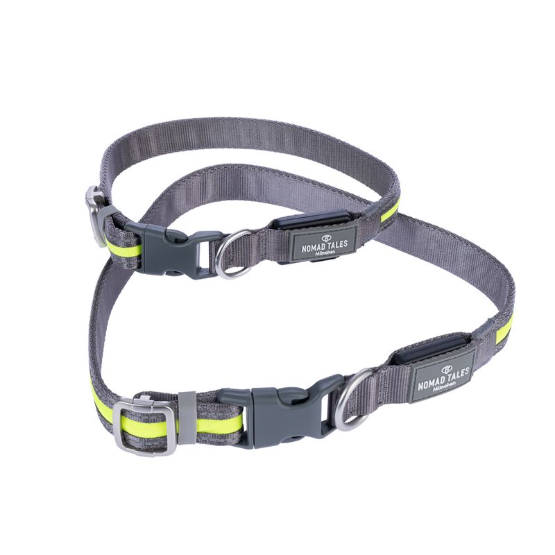 Nomad Tales Spirit USB LED Nylon Collar - Neon Yellow & Grey Size S/M: Neck circumference 35-50cm