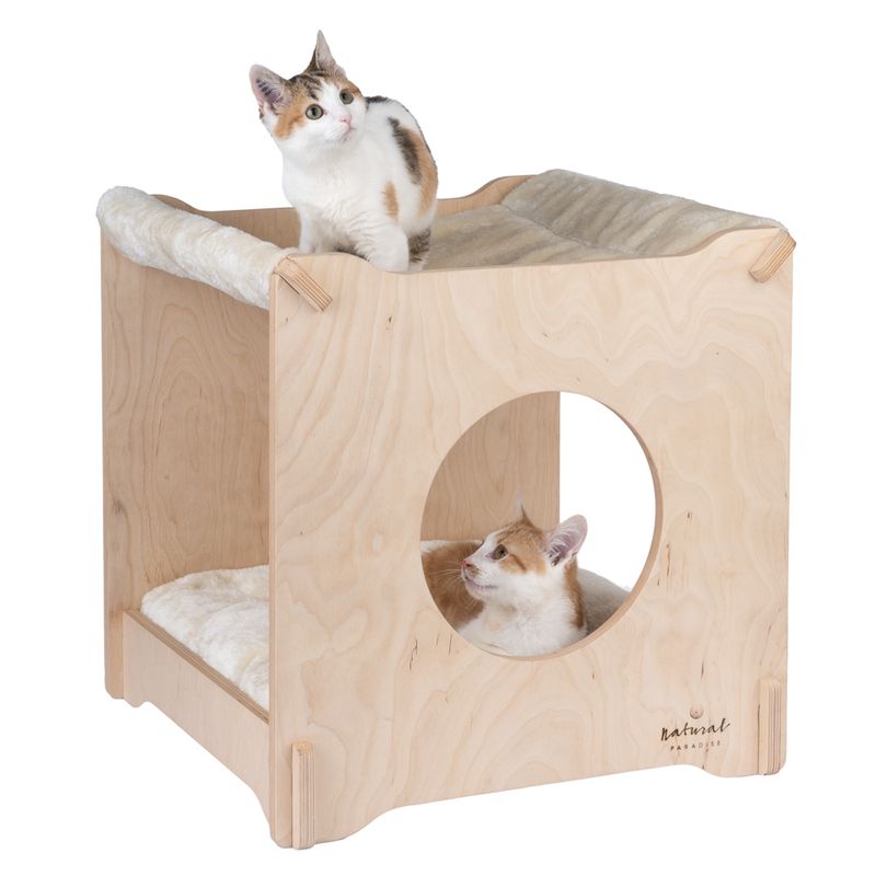 Natural Paradise Mimosa Cat Den Natural wood with cream cover
