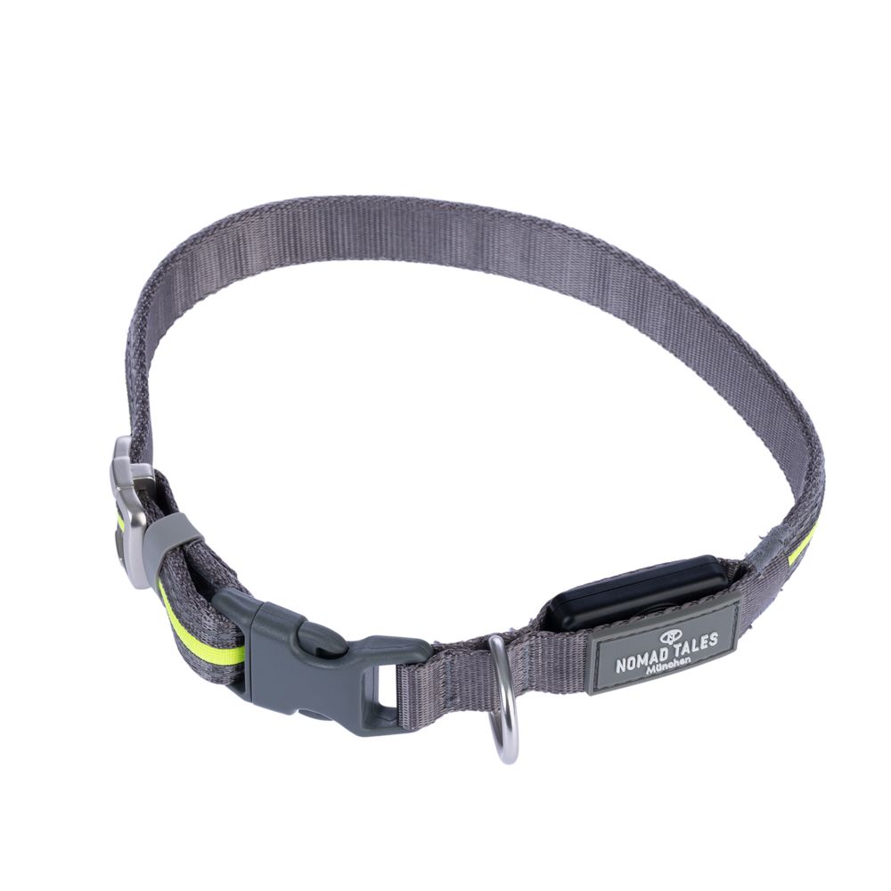 Nomad Tales Spirit USB LED Nylon Collar - Neon Yellow & Grey Size S/M: Neck circumference 35-50cm