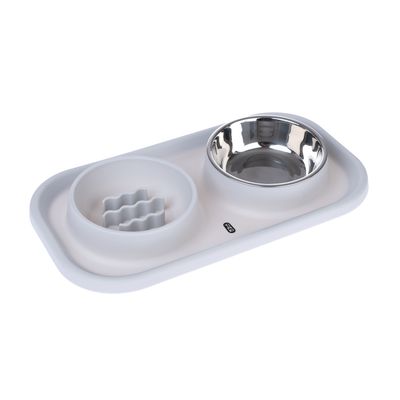 TIAKI Stainless Steel Double Bowl & Slow Feeder with Mat 2 x 300ml