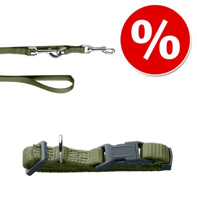 HUNTER Set: London Collar + London Lead – Olive Green Vario Basic Size S + Lead 200cm / 10mm