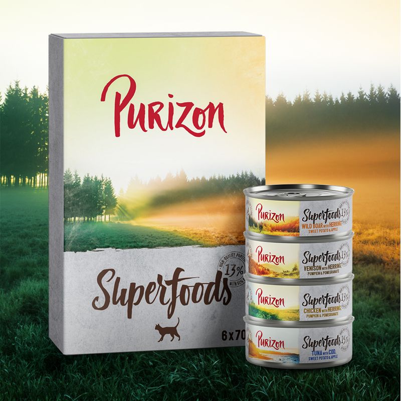 Purizon Superfoods 6 x 70g Mixed Pack (2x Chicken, 2x Tuna, 1x Wild Boar, 1x Game)