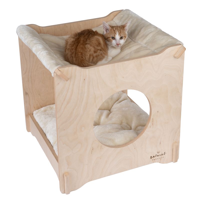 Natural Paradise Mimosa Cat Den Natural wood with cream cover