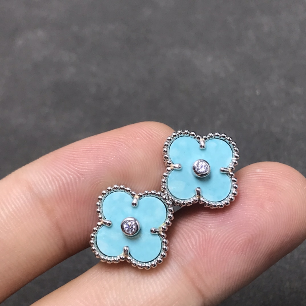 Van Cleef & Arpels Light Blue Clover Stud Earrings with Diamonds, Vintage Alhambra earrings