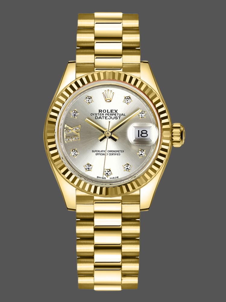 Rolex Datejust 279178 Silver Diamond Dial Fluted Bezel 28mm Lady Replica Watch