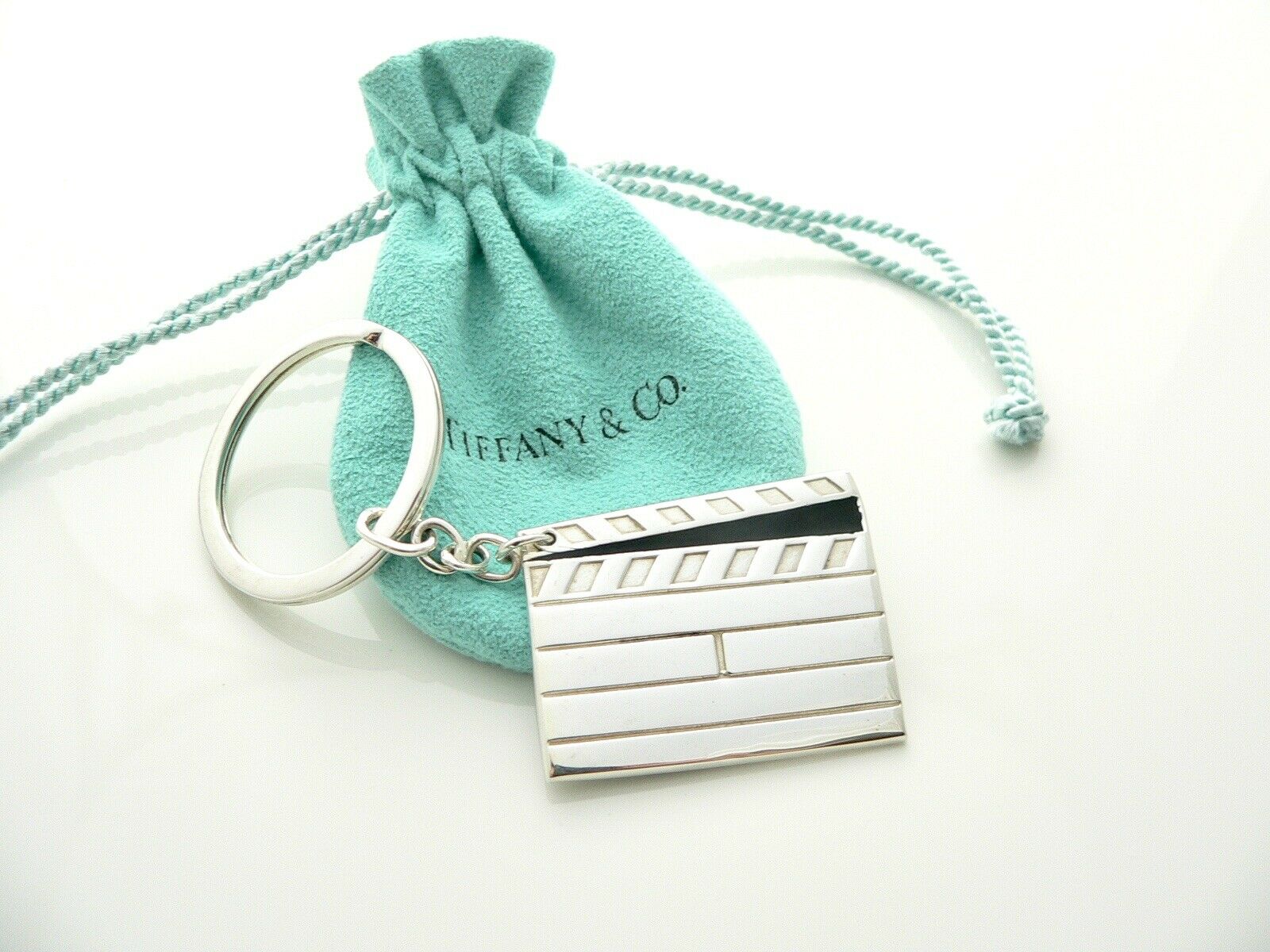 Tiffany & Co Silver Movie Clapboard Key Ring Keyring Keychain Rare Pouch Enamel