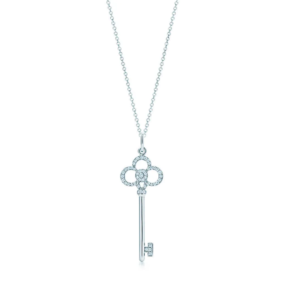 Tiffany Keys Crown Key Pendant Phony With Diamonds Sterling Silver Chain Necklace Jewelry UK Sale