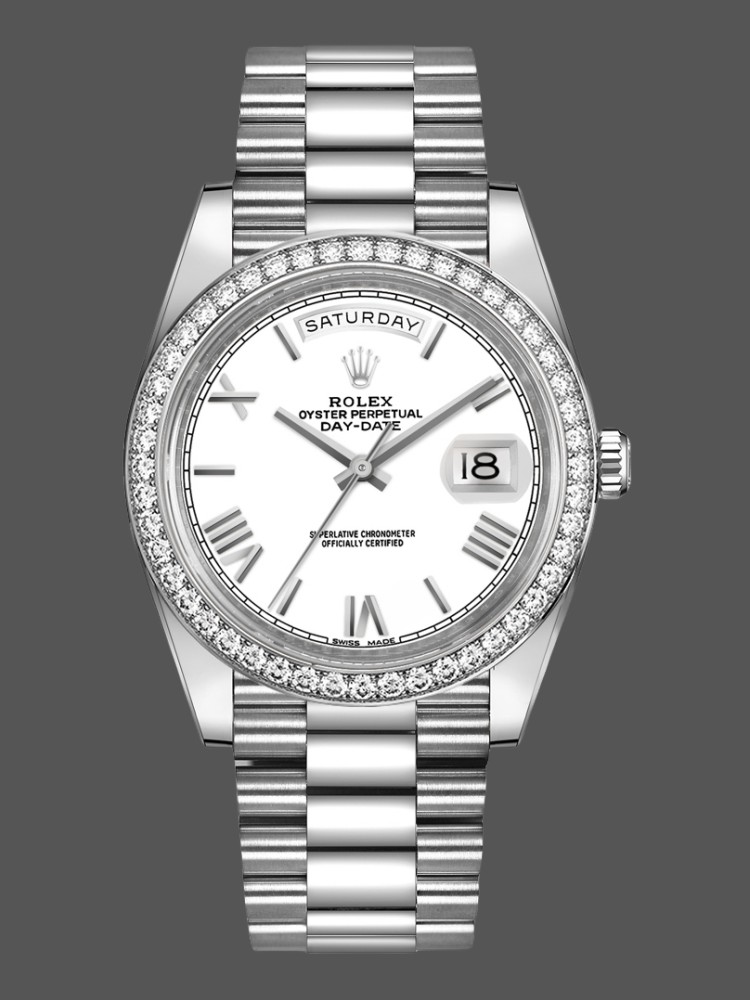 Rolex Day-Date 228349RBR White Roman Dial Diamond Bezel 40mm Mens Replica Watch