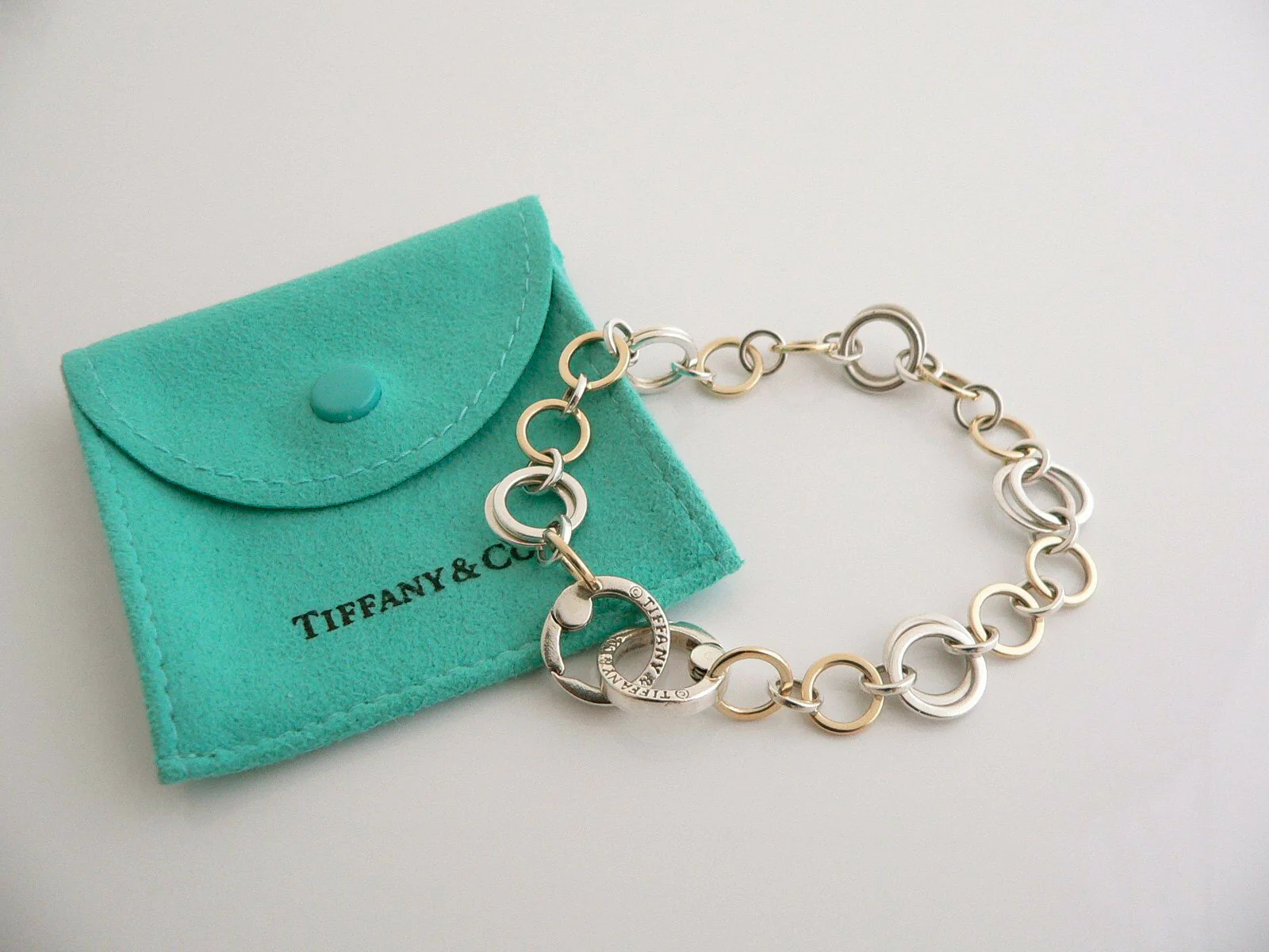 Tiffany & Co Silver 18K Gold Circles Bracelet Link Bangle 8 Inch Love Gift Pouch