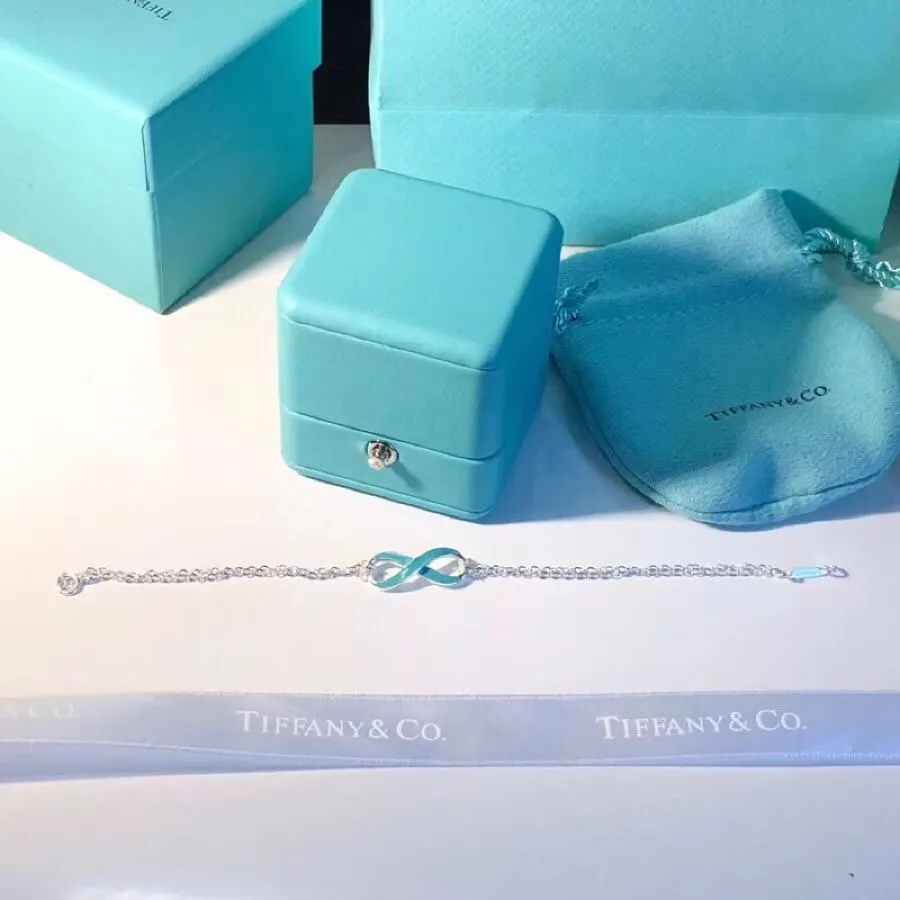 Fashion Tiffany Infinity Silver Double Chains Fashion Blue Enamel Finish Pendant Bracelet Engagement Lady Jewelrys GRP09427
