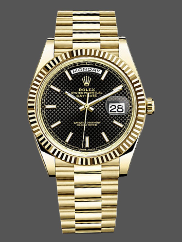 Rolex Day-Date 228238 Black Diagonal Motif Dial Fluted Bezel 40mm Mens Replica Watch