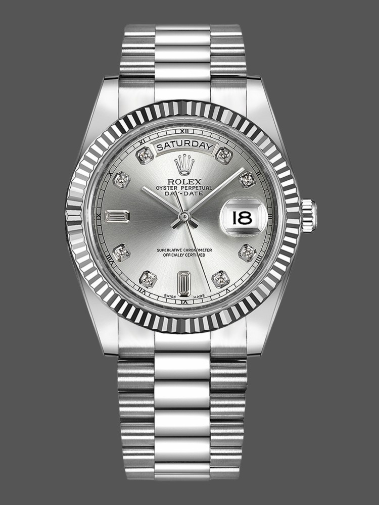 Rolex Day-Date 218239 Diamond Silver Dial White Gold 41MM Mens Replica Watch