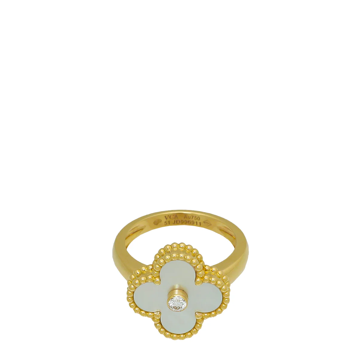 Van Cleef & Arpels 18K Yellow Gold MOP Diamond Vintage Alhambra Ring 51