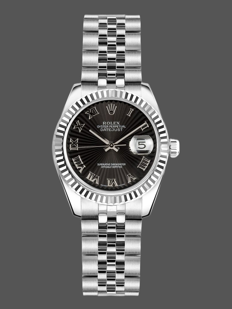 Rolex Datejust 179174 Sunbeam Black Roman Dial Fluted Bezel 26MM Lady Replica Watch
