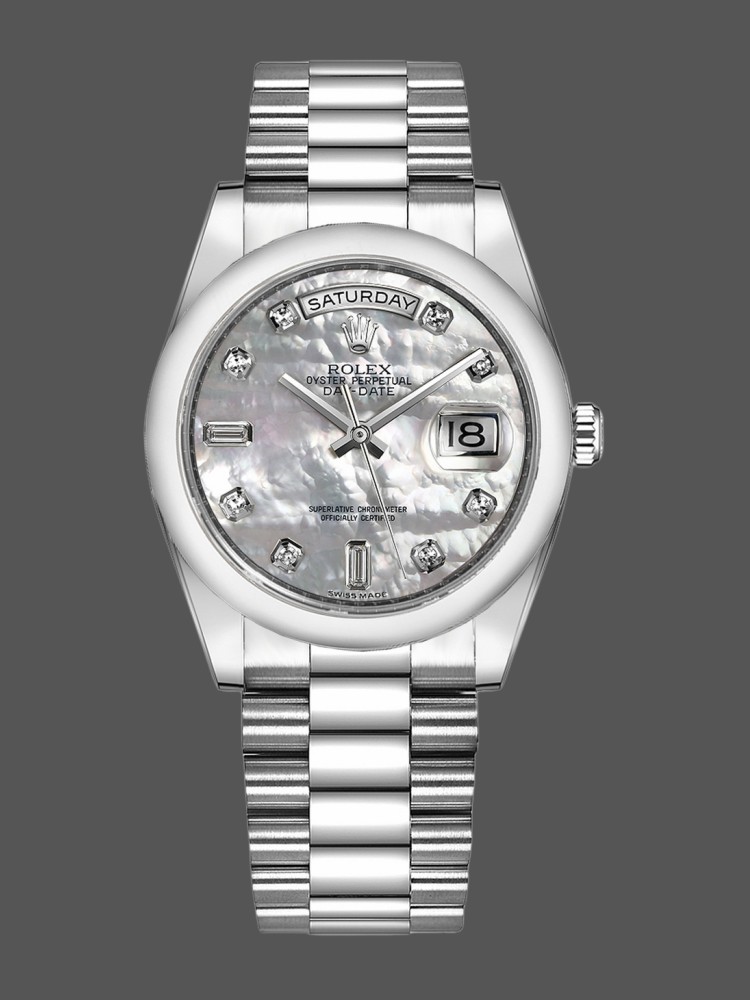 Rolex Day-Date 118206 Platinum White Mother of Pearl Diamond Dial 36mm Unisex Replica Watch