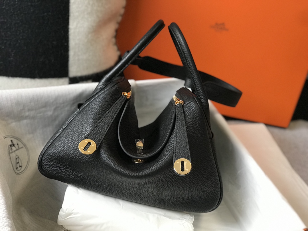 Original Copy Hermes Lindy Handbag Calfskin Black with Gold and Sliver Hardware