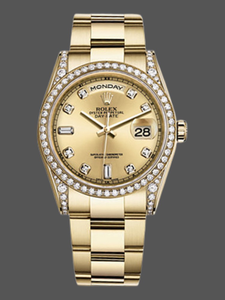 Rolex Day-Date 118388 Diamond Bezel Champagne Dial 36MM Unisex Replica Watch
