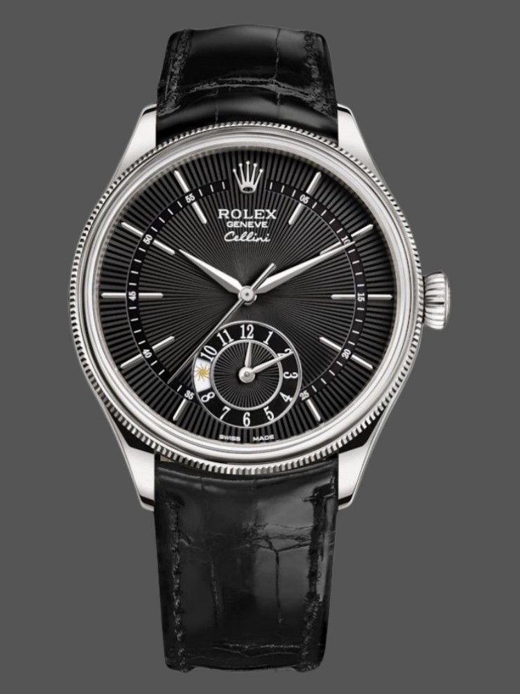 Rolex Cellini Dual Time 50529 Black Guilloche Dial 39mm Mens Replica Watch