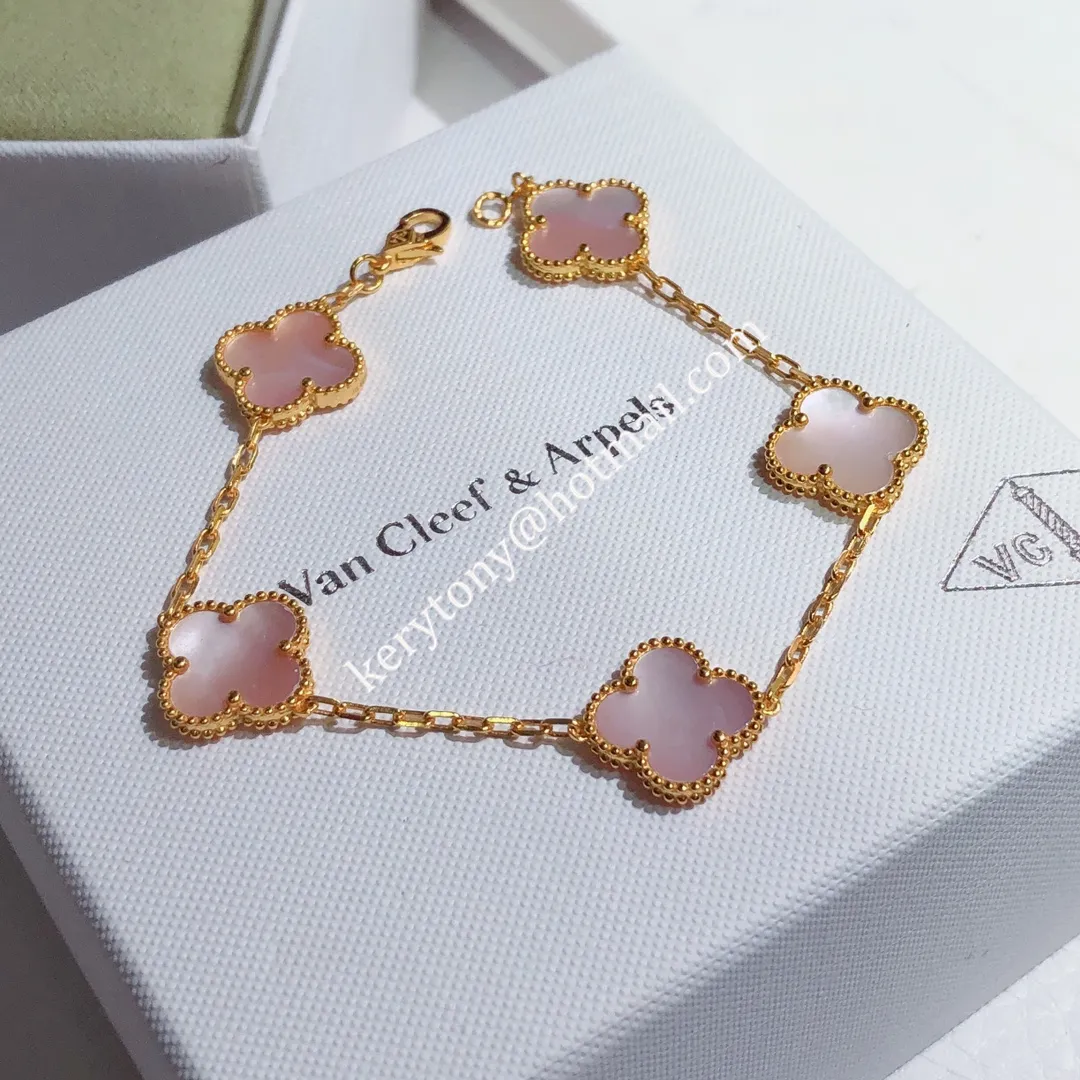 Fake Van Cleef Arpels Vintage Alhambra Bracelet 5 Motifs Rose Gold With Pink Mother-of-Pearl Spring
