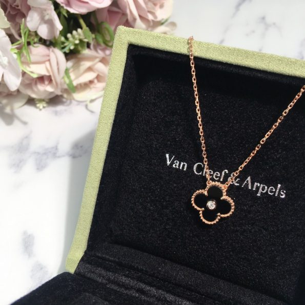 Van Cleef Necklace Dupe, Black Clover Leaf Necklace with Diamond& Rose Gold