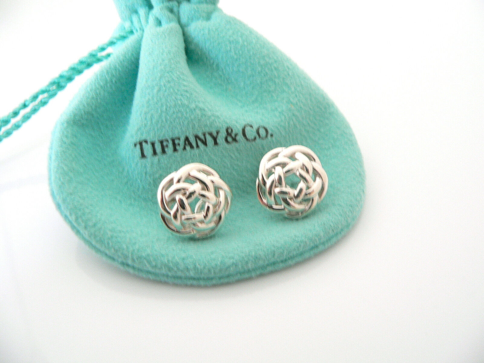 Tiffany & Co Silver Flower Weave Knot Earrings Studs Rare Excellent Gift Pouch