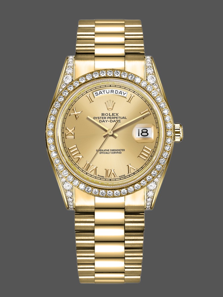 Rolex Day-Date 118388 Diamond Bezel Champagne Roman Numeral Dial 36MM Unisex Replica Watch