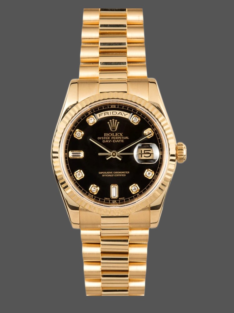 Rolex Day Date 118238 Yellow Gold Black Diamond Dial 36mm Mens Replica Watch