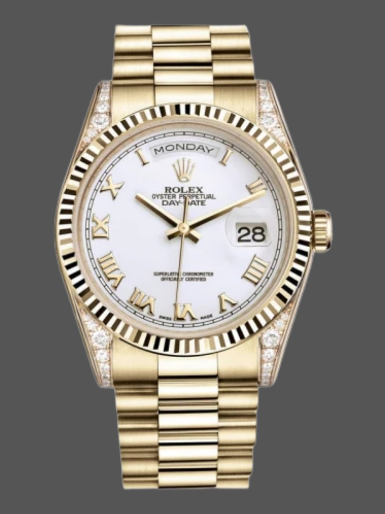 Rolex Day-Date 118338 Yellow gold White Roman Dial 36mm Unisex Replica Watch